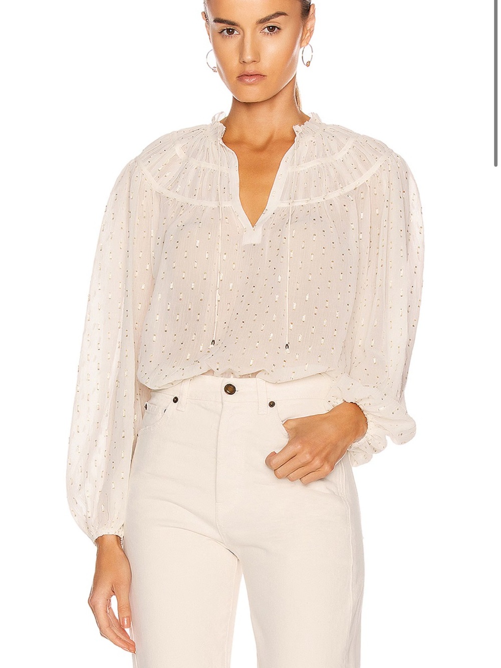 Ulla Johnson Yulia Sheer Silk Cream Long Sleeve Blouse Gold Metallic Detail 6